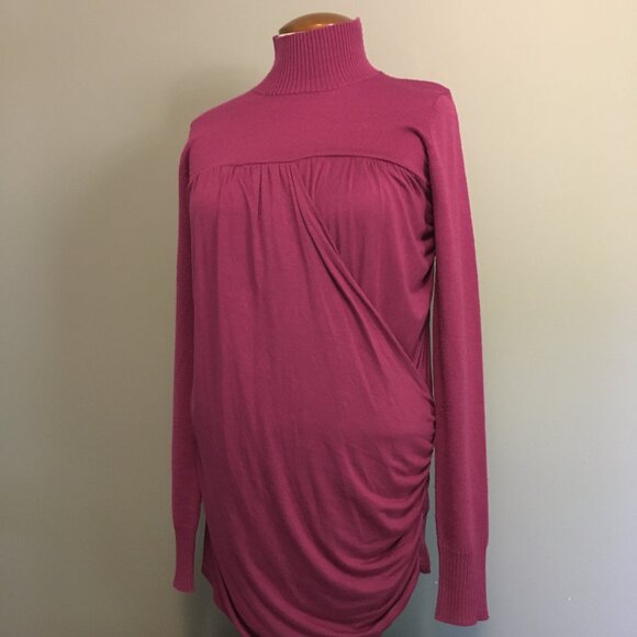 Flamenco Pink Wool Mock Neck Ruched + Drape Wrap Sweater - XS - Picture 3 of 16